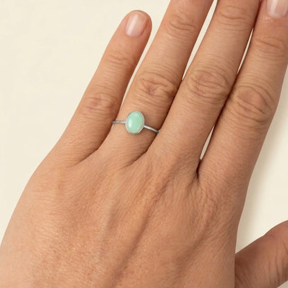 MXW natural oval chrysoprase August birthstone stacking ring in 925 sterling silver metal