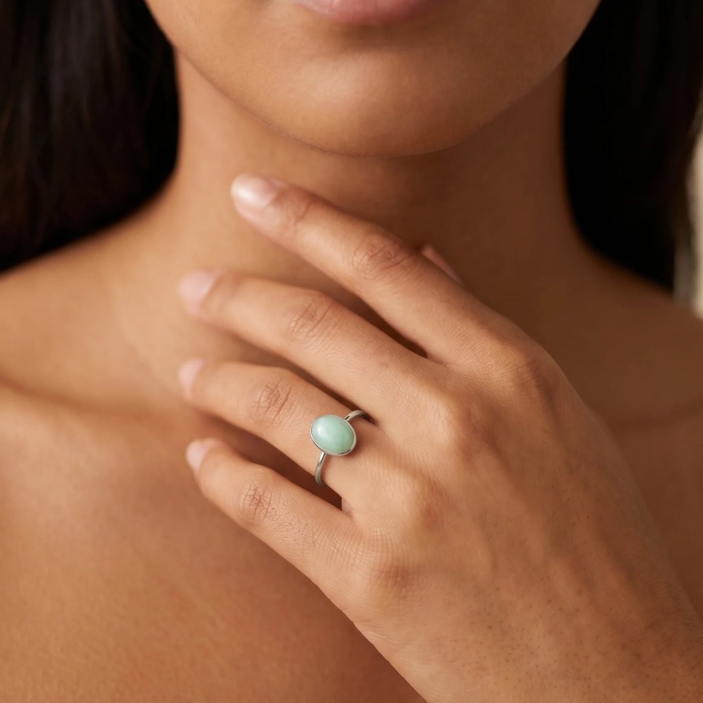 MXW natural oval chrysoprase August birthstone stacking ring in 925 sterling silver metal