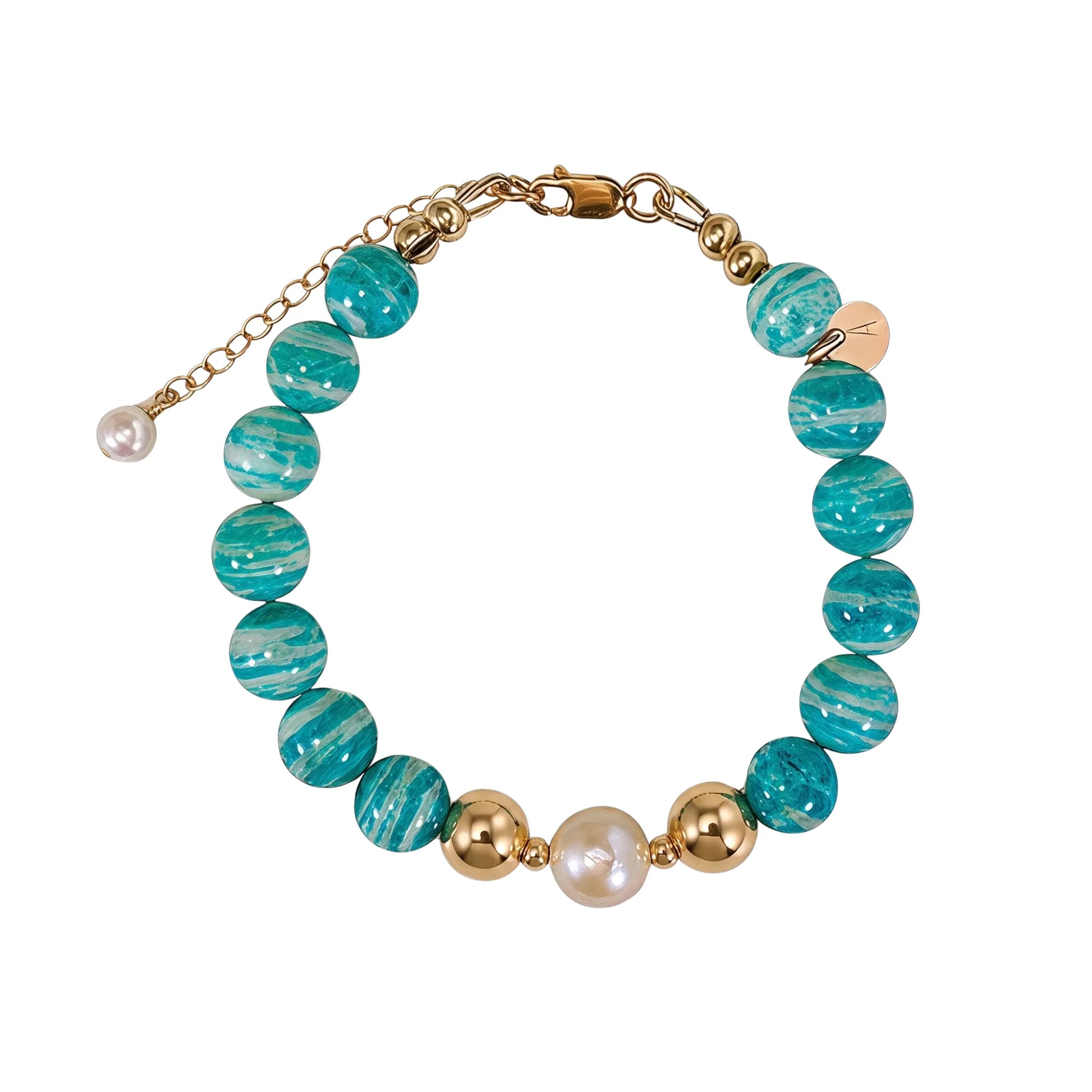A beaded bracelet featuring banded amazonite gemstone beads, premium freshwater pearl, and personalised stamped initial disc, 14k gold filled. MXW Jewellery