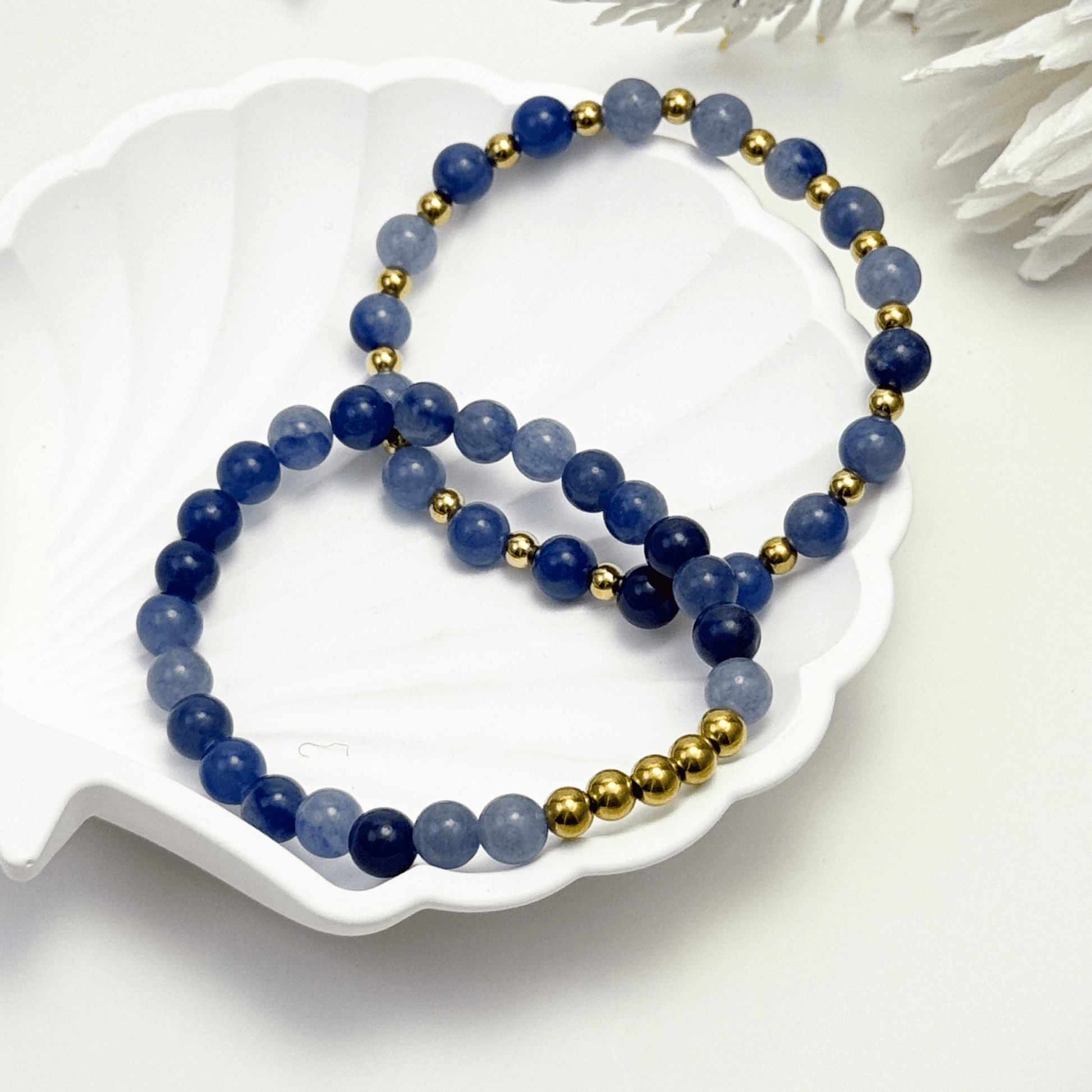 blue aventurine stretch bracelet set with gold accents – calming natural gemstone jewellery
