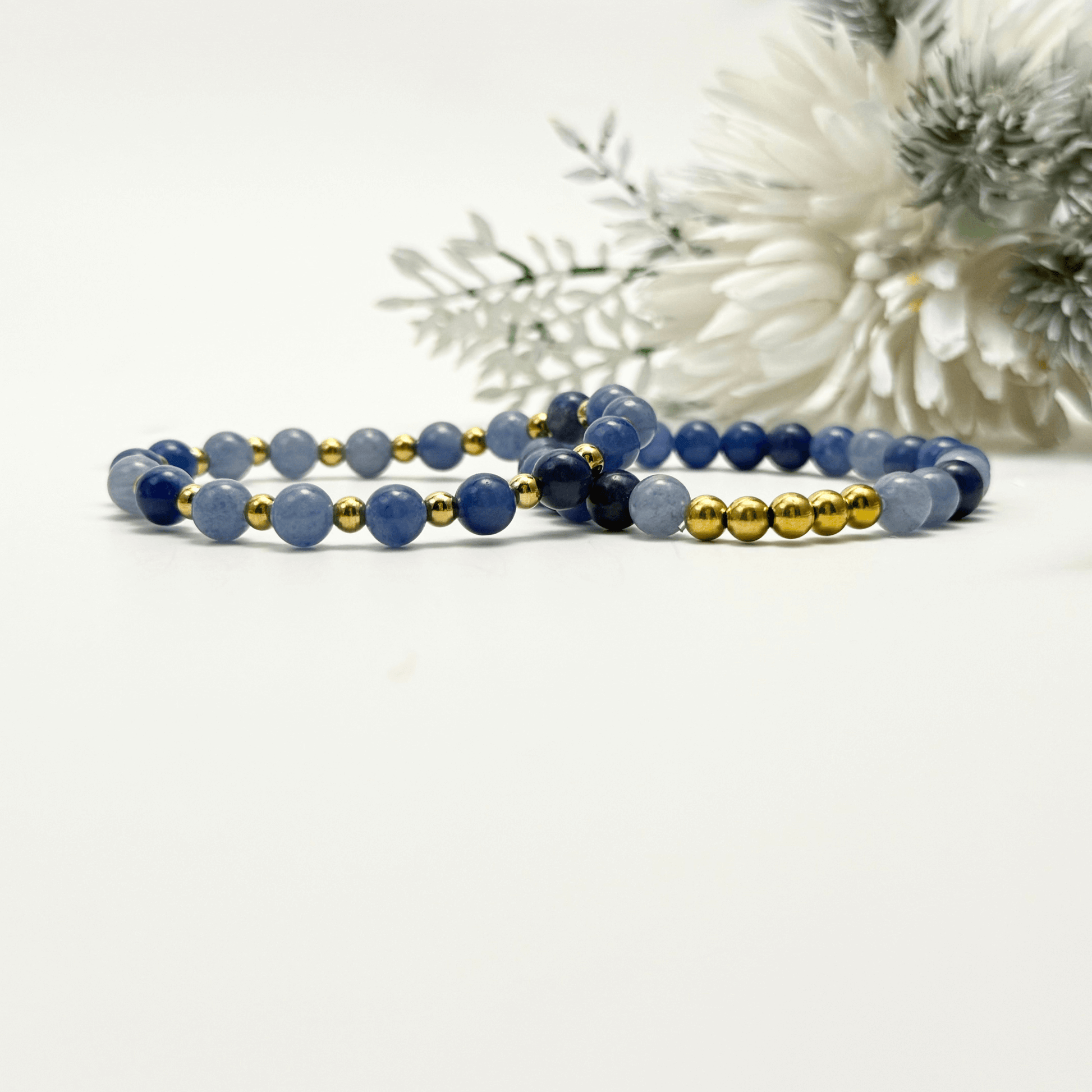 blue aventurine stretch bracelet set with gold accents – calming natural gemstone jewellery