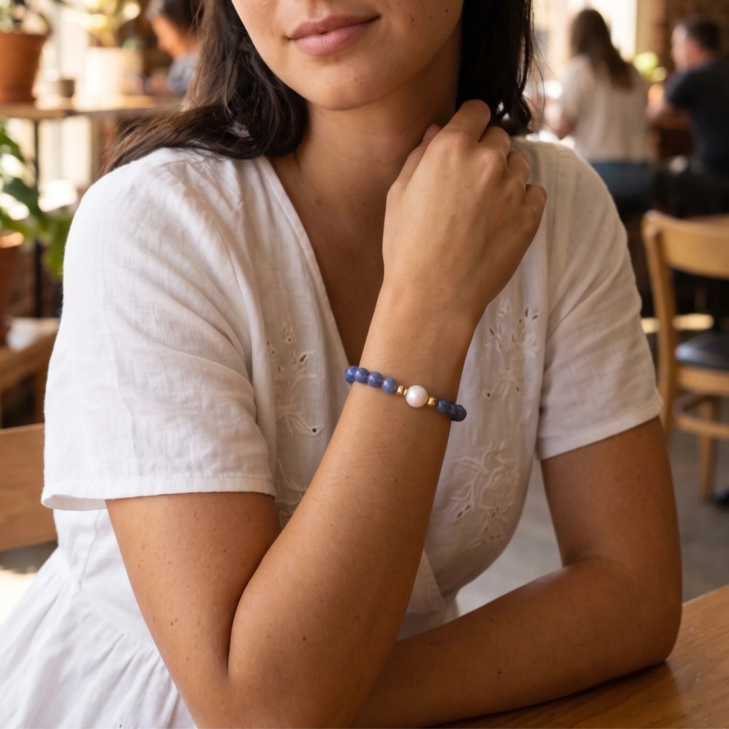 Blue kyanite, pearl and initial gold bracelet featuring Brazilian blue kyanite beads, lustrous freshwater pearls and a personalised gold-filled stamped initial disc.