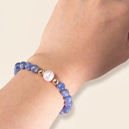 Blue kyanite, pearl and initial gold bracelet featuring Brazilian blue kyanite beads, lustrous freshwater pearls and a personalised gold-filled stamped initial disc.