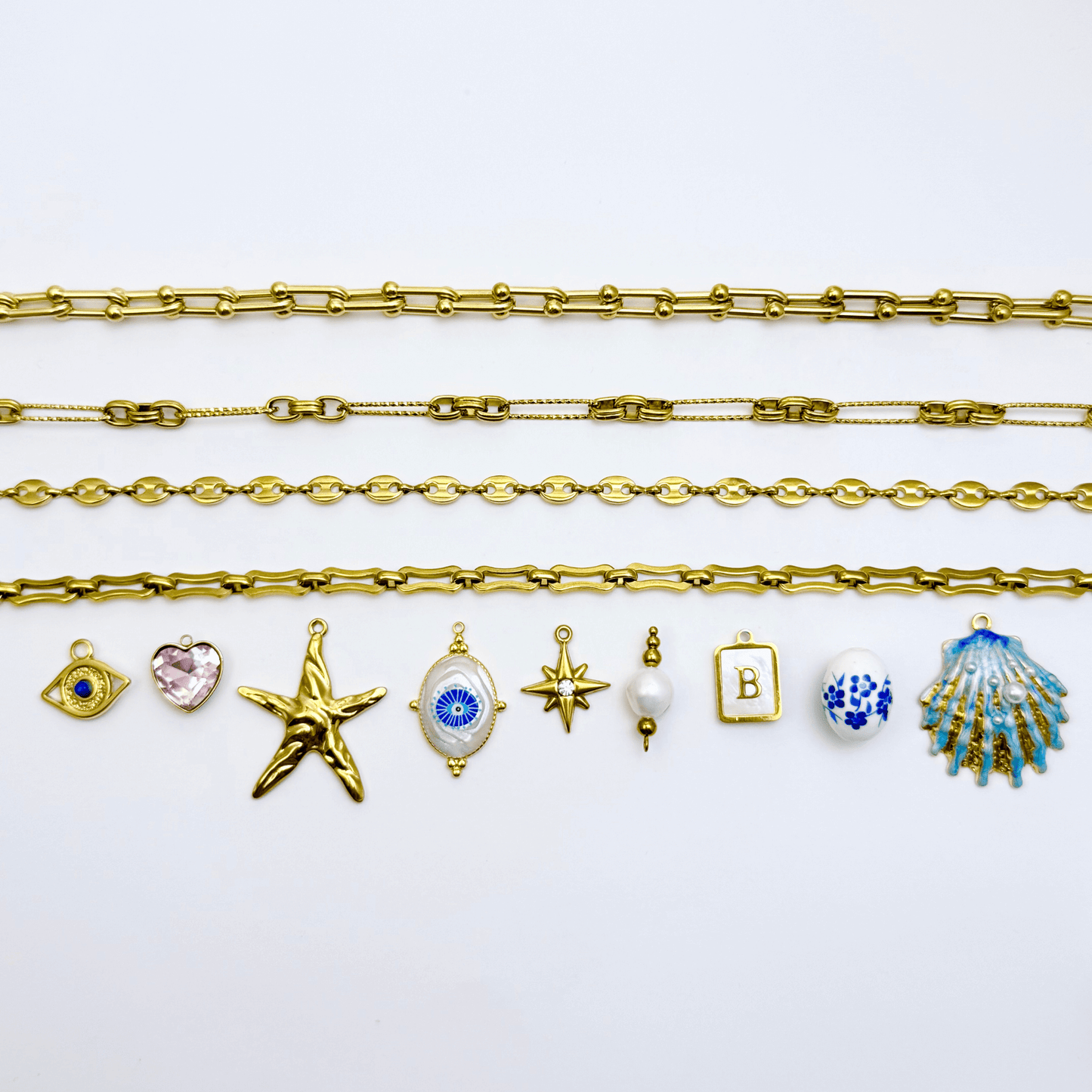 Custom gold charm jewellery with thick linked chain – design your own meaningful piece with durable, waterproof, and tarnish-free materials.