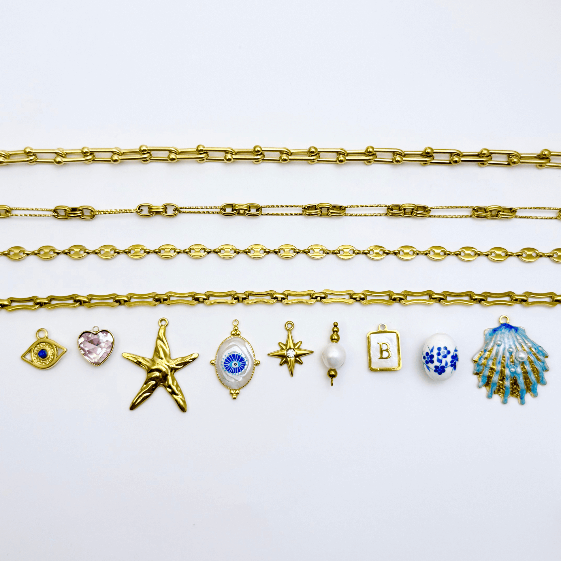 Custom gold charm jewellery with thick linked chain – design your own meaningful piece with durable, waterproof, and tarnish-free materials.