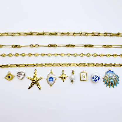 Custom gold charm jewellery with thick linked chain – design your own meaningful piece with durable, waterproof, and tarnish-free materials.