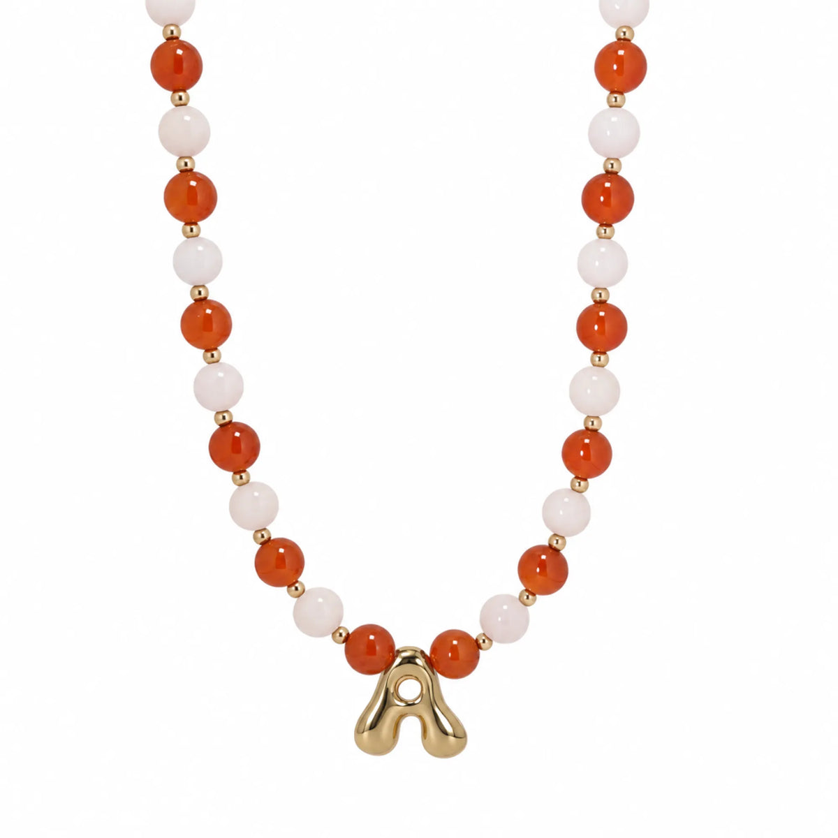 personalised 14K gold filled necklace with alternating carnelian and pink morganite beads, gold spacers and bubble initial letter.