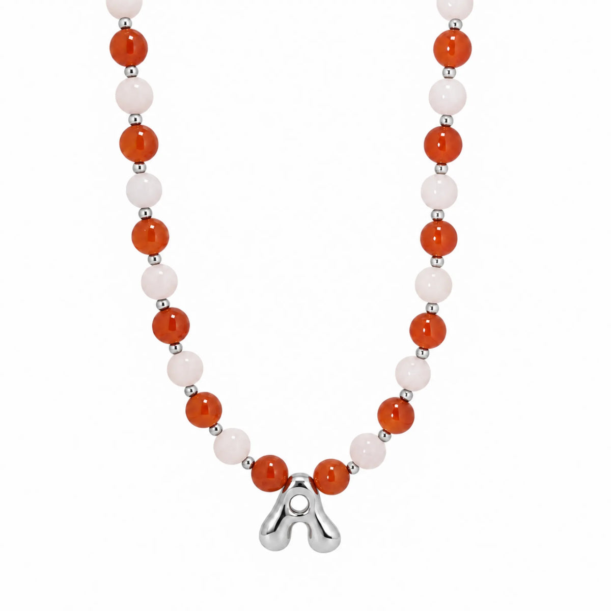 personalised necklace with alternating carnelian and pink morganite beads, silver spacers and bubble initial letter.