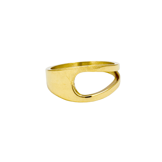 gold carved arc ring on white background, minimal sculptural gold ring