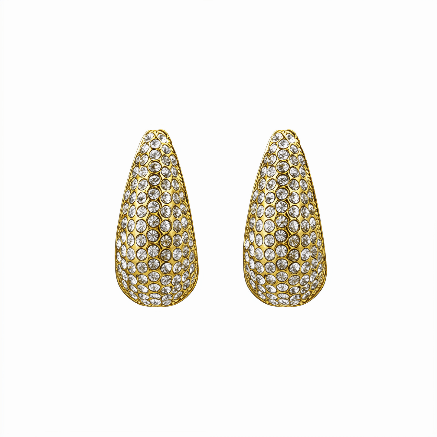 Chunky pavé gold half hoop earrings with crystal detailing, photographed on a clean light background.