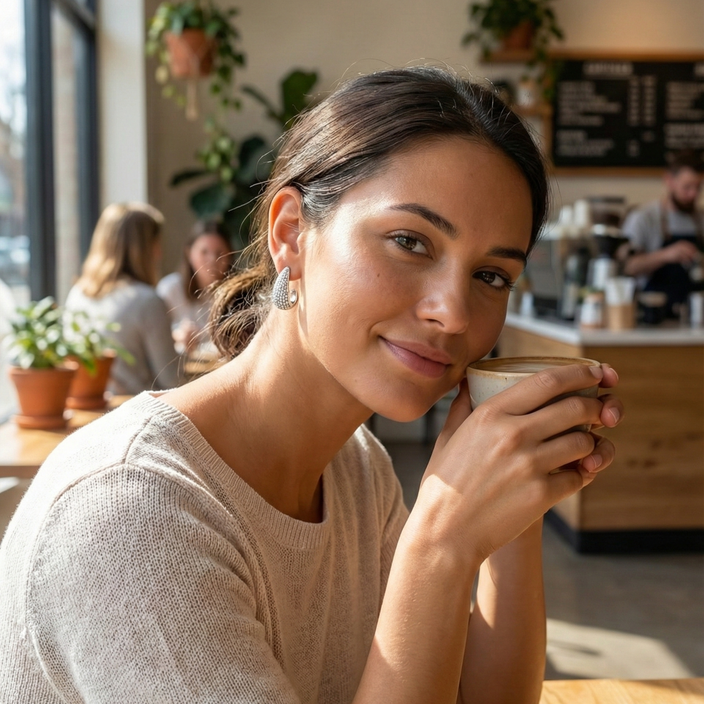Chunky pavé silver half hoop earrings with crystal detailing, photographed on a light background.