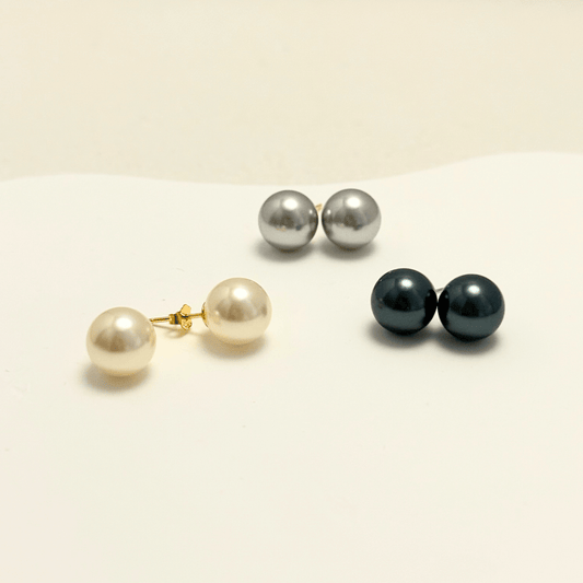 Swarovski pearl stud earrings in cream white, silver grey, and Tahitian black with gold-plated and sterling silver posts – handmade, high-quality, and available in 6mm, 8mm, 10mm sizes.