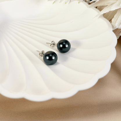 Swarovski pearl stud earrings in cream white, silver grey, and Tahitian black with gold-plated and sterling silver posts – handmade, high-quality, and available in 6mm, 8mm, 10mm sizes.