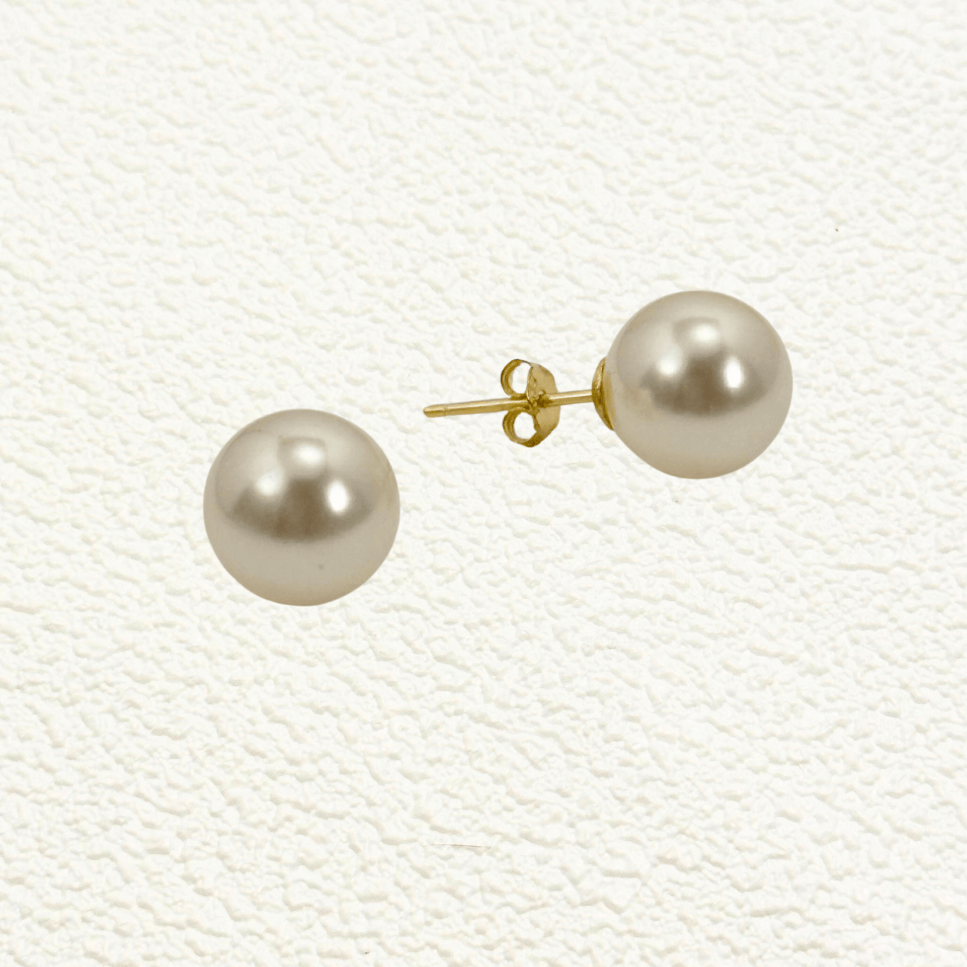 Swarovski pearl stud earrings in cream white, silver grey, and Tahitian black with gold-plated and sterling silver posts – handmade, high-quality, and available in 6mm, 8mm, 10mm sizes.