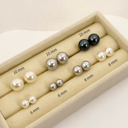 Swarovski pearl stud earrings in cream white, silver grey, and Tahitian black with gold-plated and sterling silver posts – handmade, high-quality, and available in 6mm, 8mm, 10mm sizes.