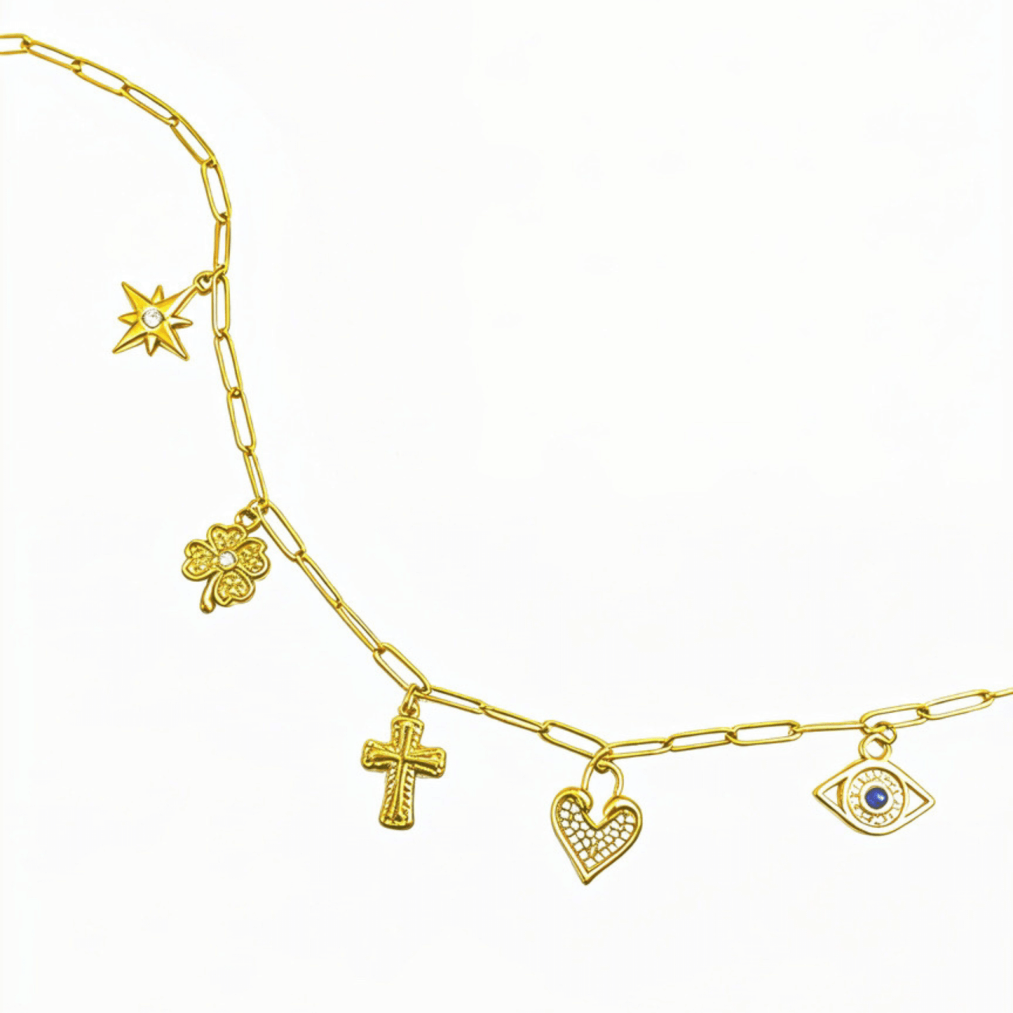 Customisable charm necklace with paperclip chain and personal charms