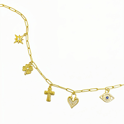 Customisable charm necklace with paperclip chain and personal charms