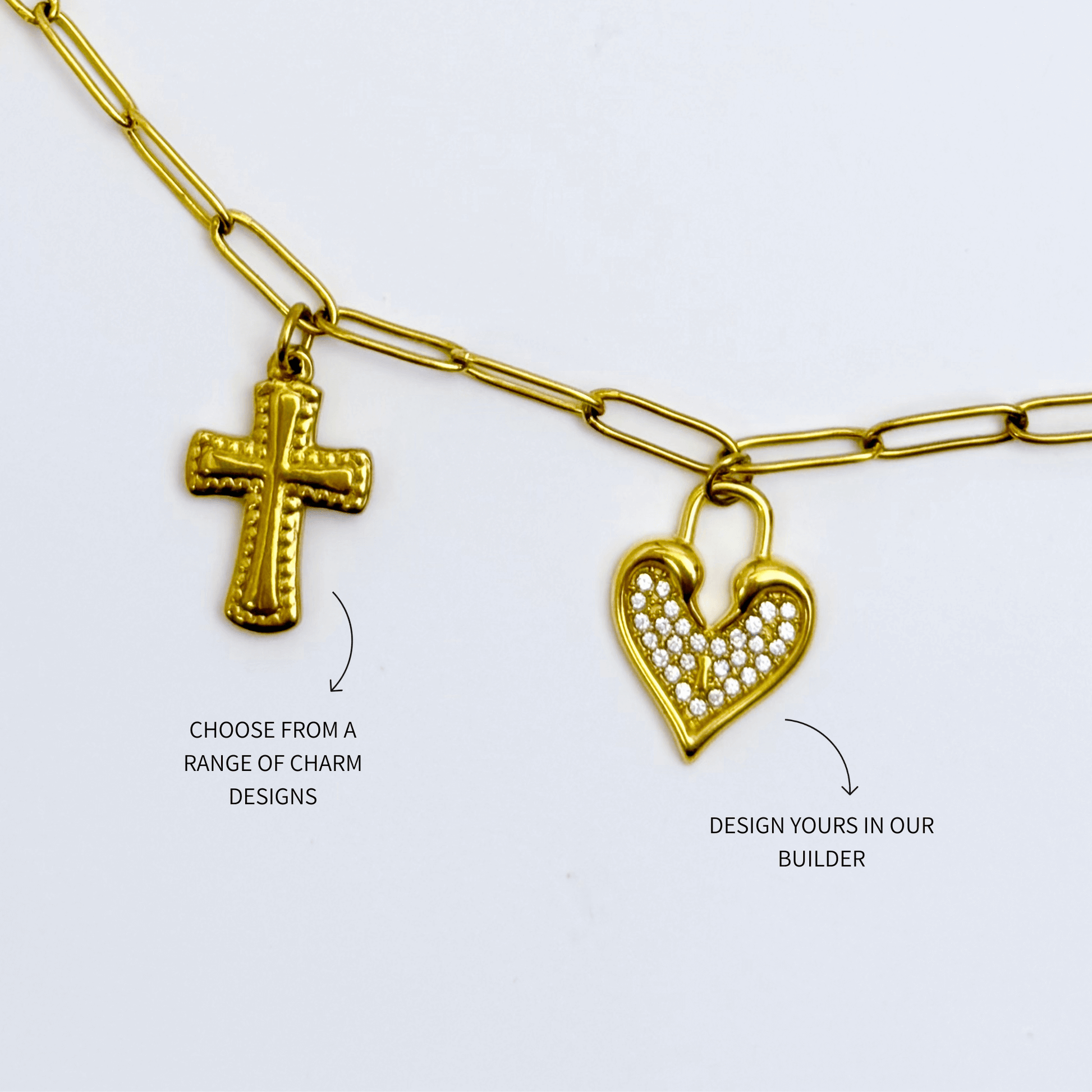 Customisable charm necklace with paperclip chain and personal charms