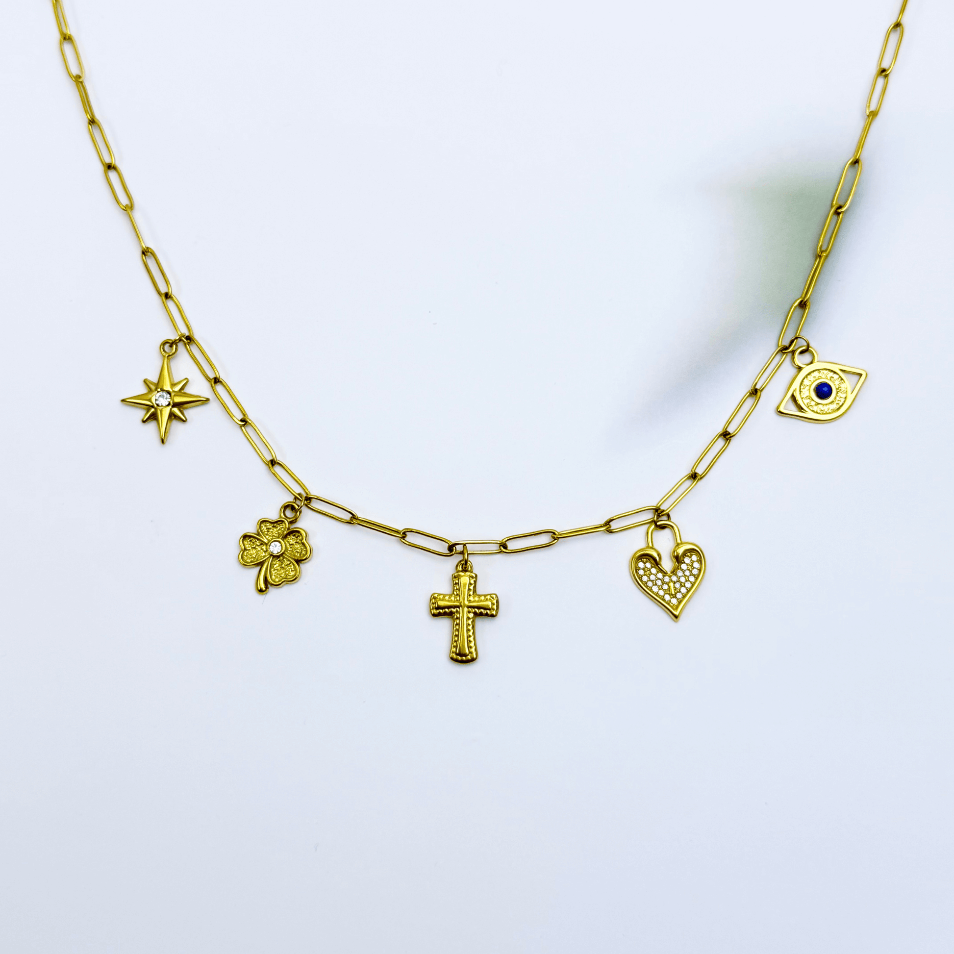 Customisable charm necklace with paperclip chain and personal charms