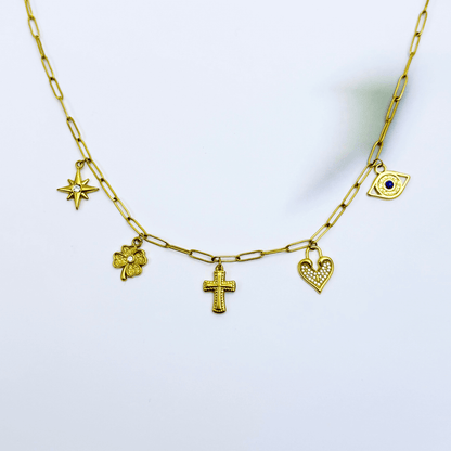 Customisable charm necklace with paperclip chain and personal charms