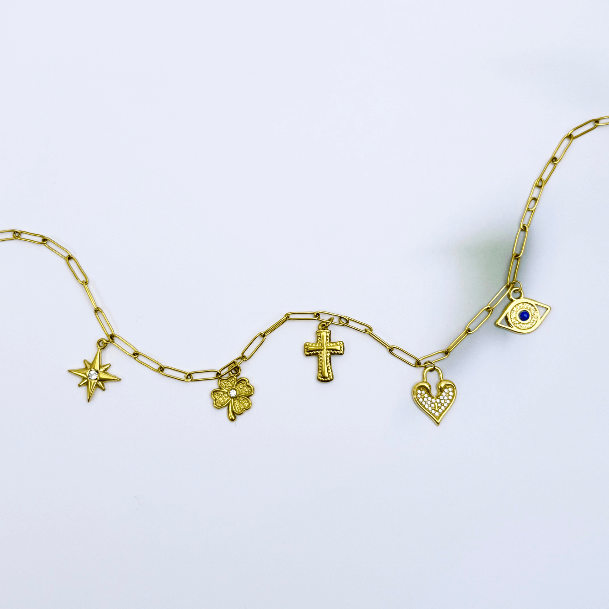 Customisable charm necklace with paperclip chain and personal charms