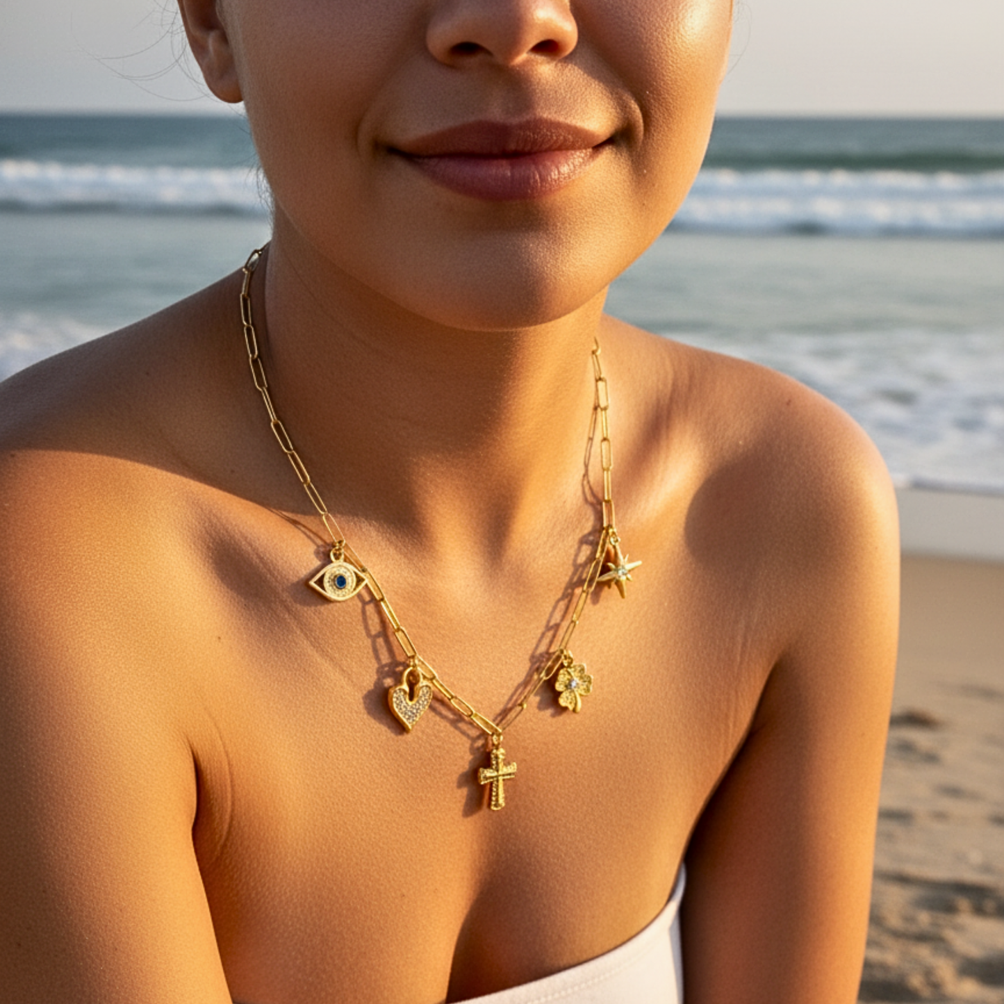 Customisable charm necklace with paperclip chain and personal charms