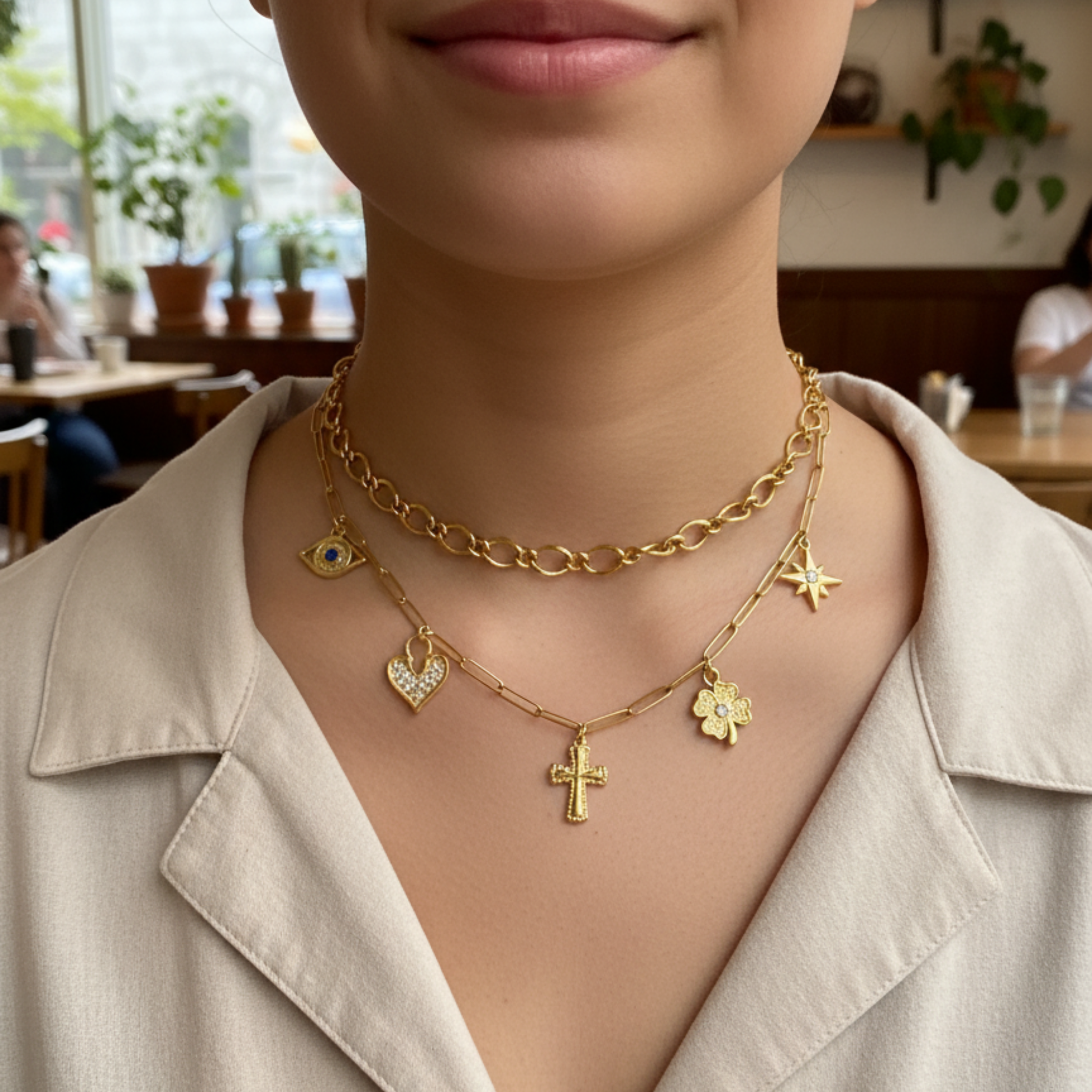 Customisable charm necklace with paperclip chain and personal charms