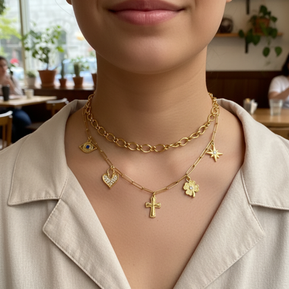 Customisable charm necklace with paperclip chain and personal charms