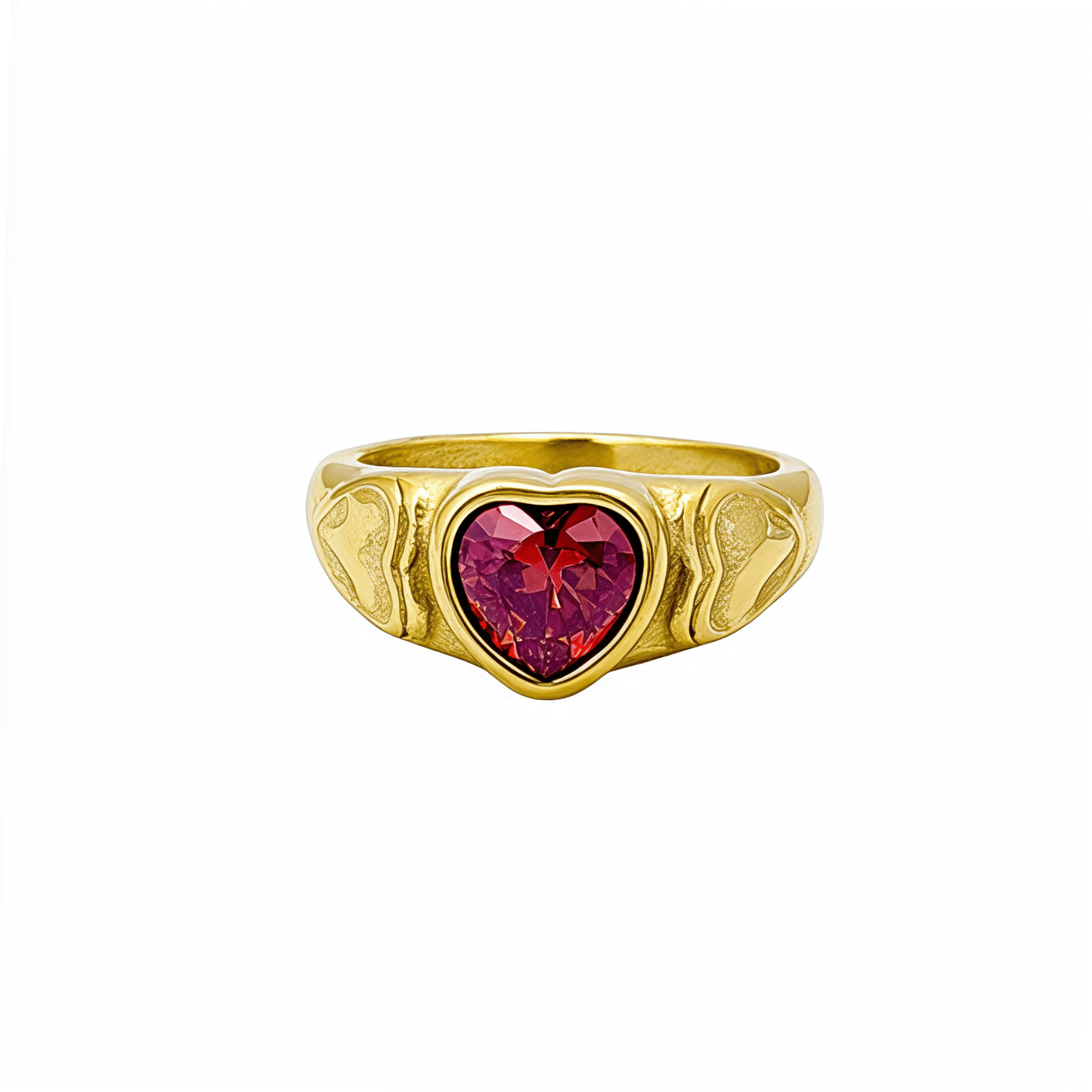 gold signet ring with a red heart-shaped stone in the centre