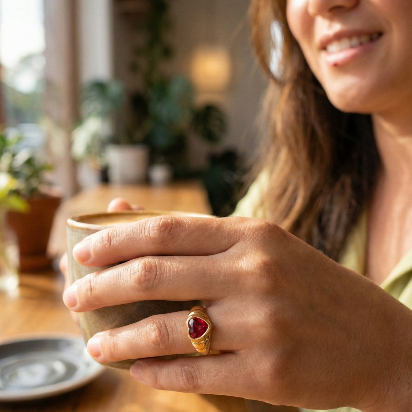 gold signet ring with a red heart-shaped stone in the centre