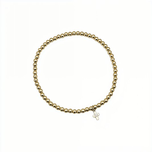 Cross charm gold bead bracelet with crystal detail and polished gold-filled beads – MXW Jewellery