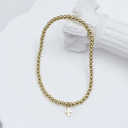 Cross charm gold bead bracelet with crystal detail and polished gold-filled beads – MXW Jewellery