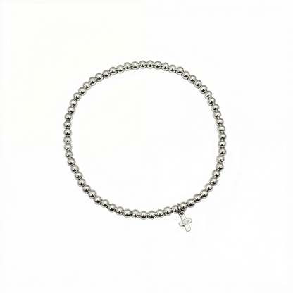 Cross charm sterling silver bead bracelet with crystal detail and polished silver beads – MXW Jewellery