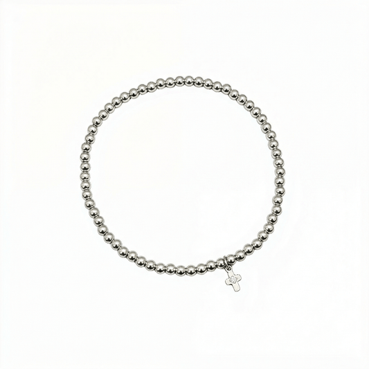 Cross charm sterling silver bead bracelet with crystal detail and polished silver beads – MXW Jewellery