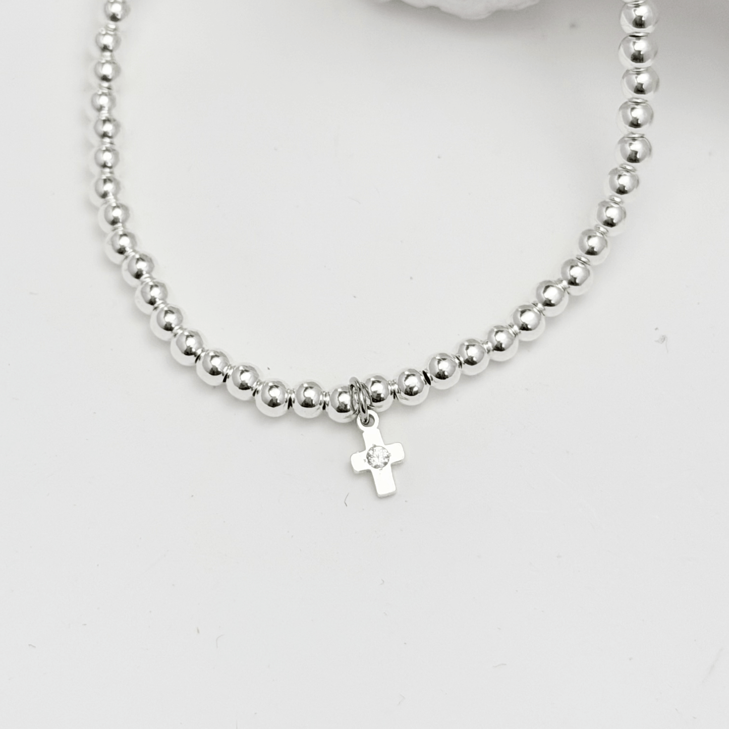 Cross charm sterling silver bead bracelet with crystal detail and polished silver beads – MXW Jewellery