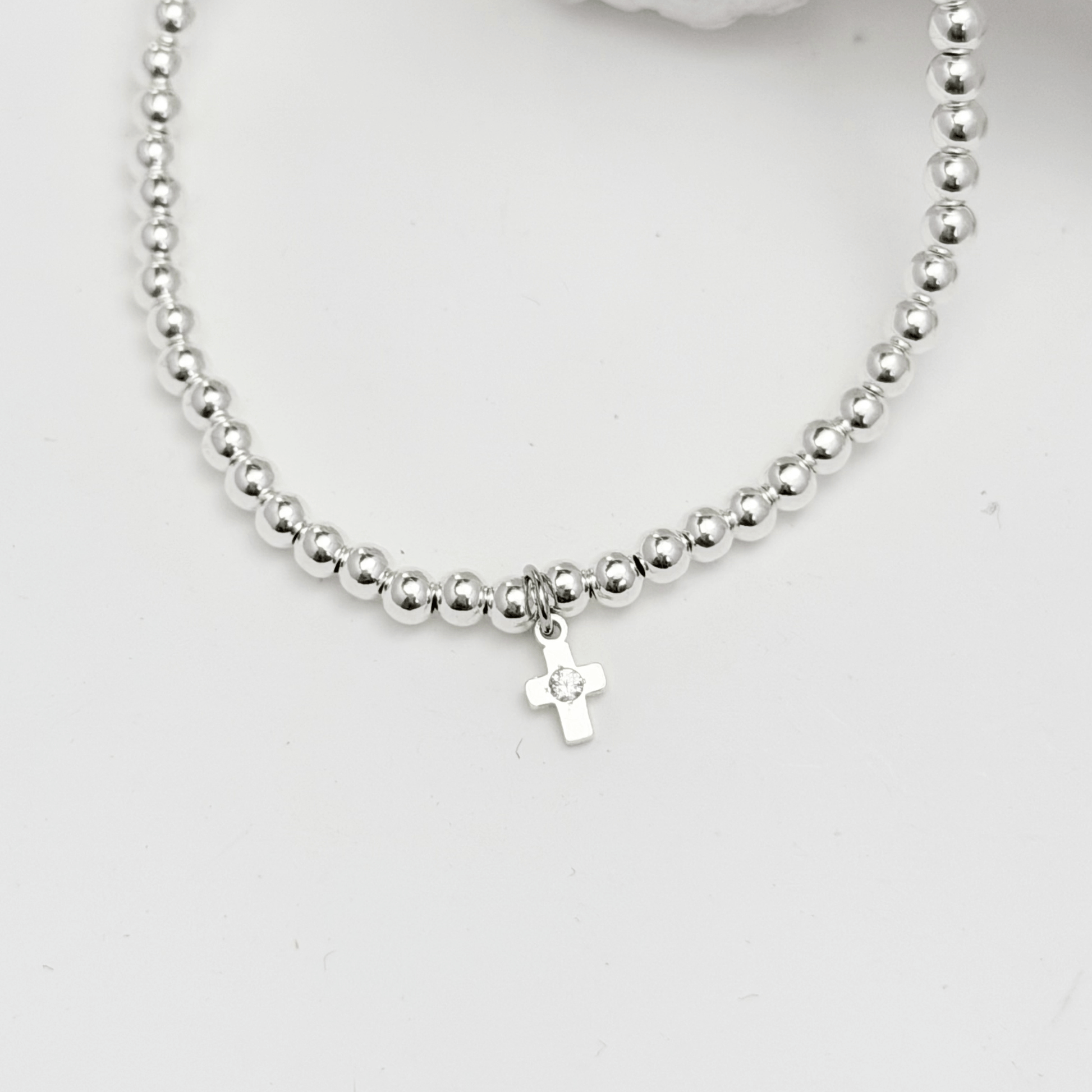 Cross charm sterling silver bead bracelet with crystal detail and polished silver beads – MXW Jewellery