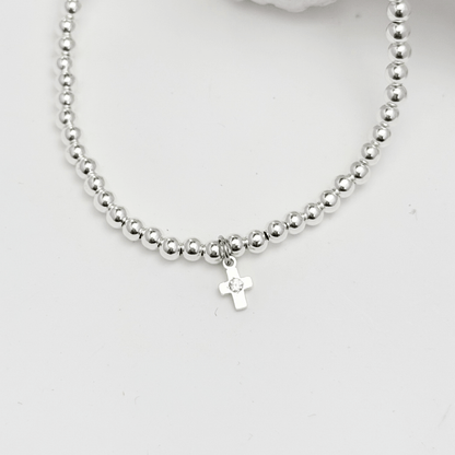 Cross charm sterling silver bead bracelet with crystal detail and polished silver beads – MXW Jewellery