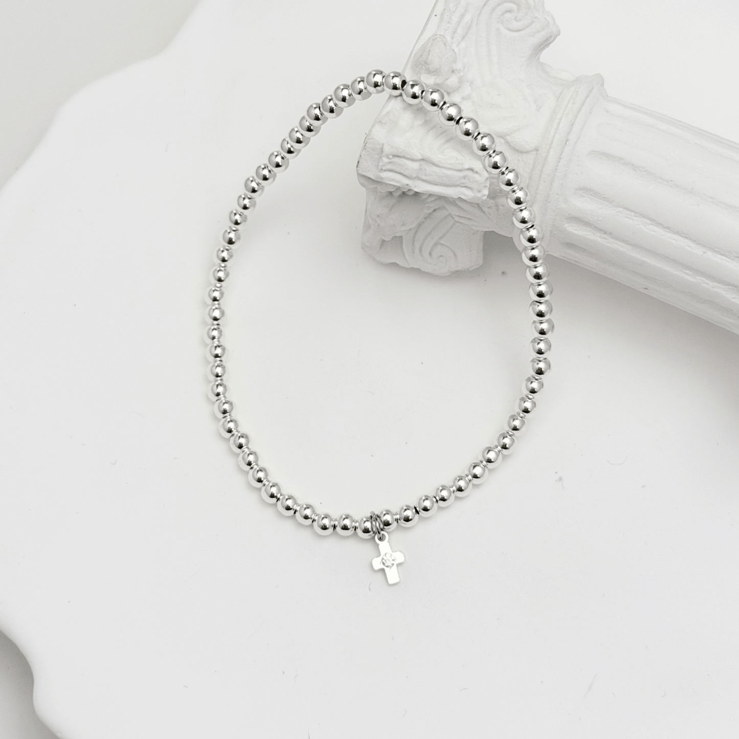 Cross charm sterling silver bead bracelet with crystal detail and polished silver beads – MXW Jewellery