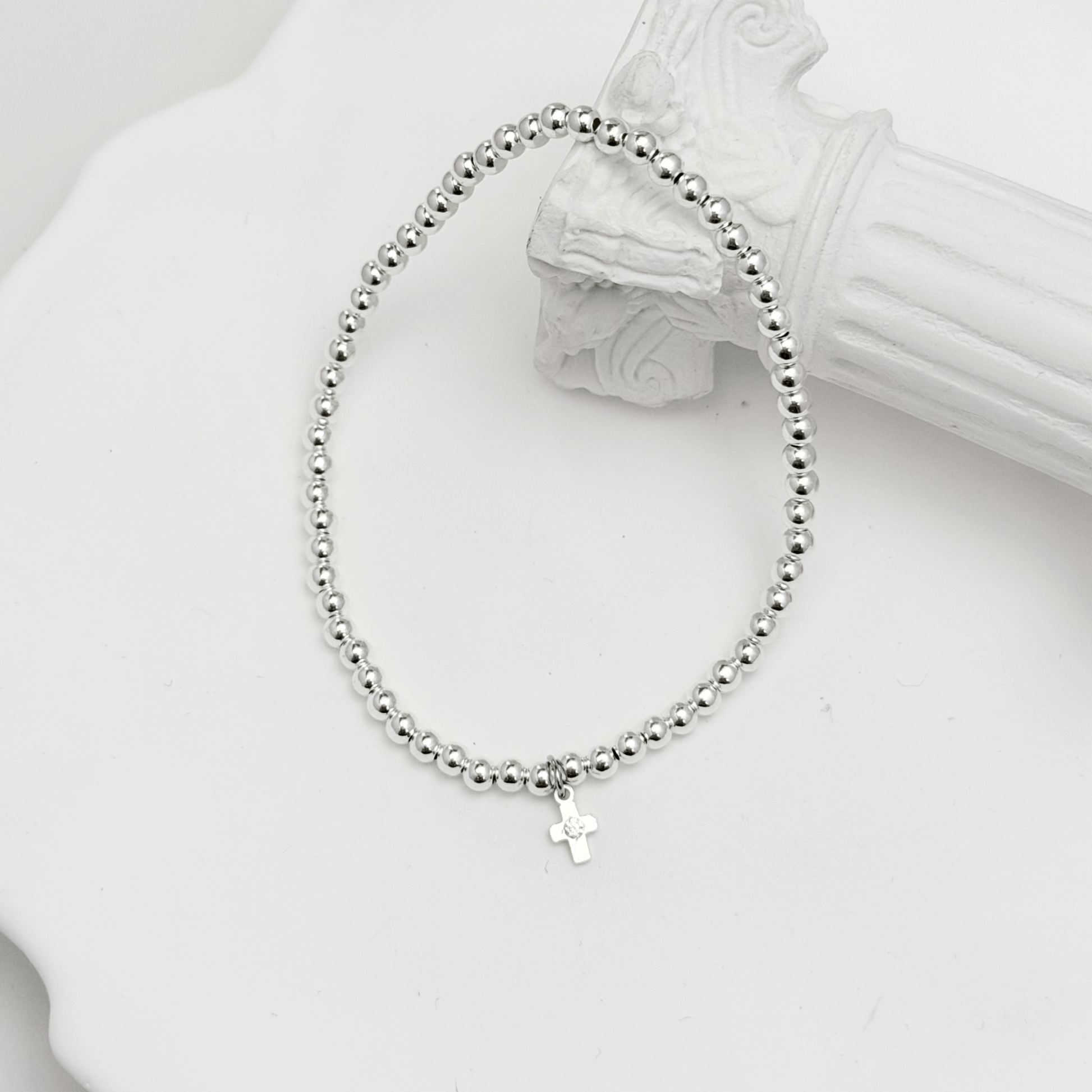 Cross charm sterling silver bead bracelet with crystal detail and polished silver beads – MXW Jewellery