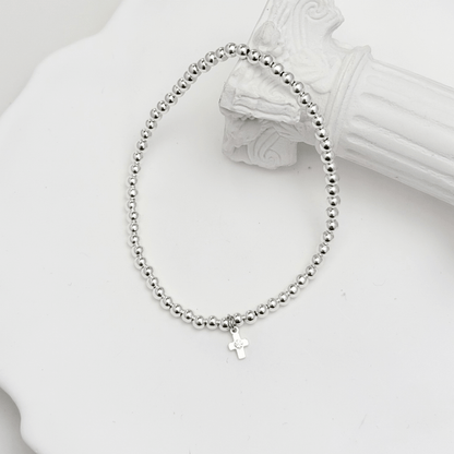 Cross charm sterling silver bead bracelet with crystal detail and polished silver beads – MXW Jewellery