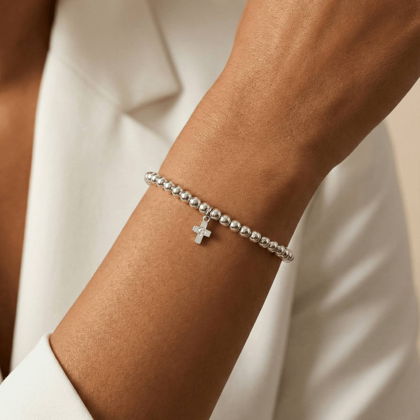 Cross charm sterling silver bead bracelet with crystal detail and polished silver beads – MXW Jewellery