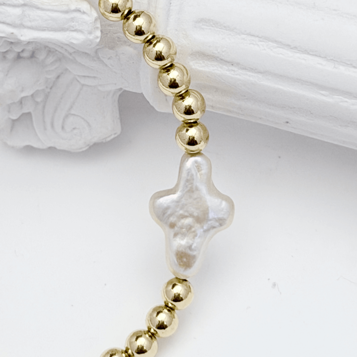 Cross pearl gold bead bracelet with natural baroque pearl – handmade in AU – MXW Jewellery