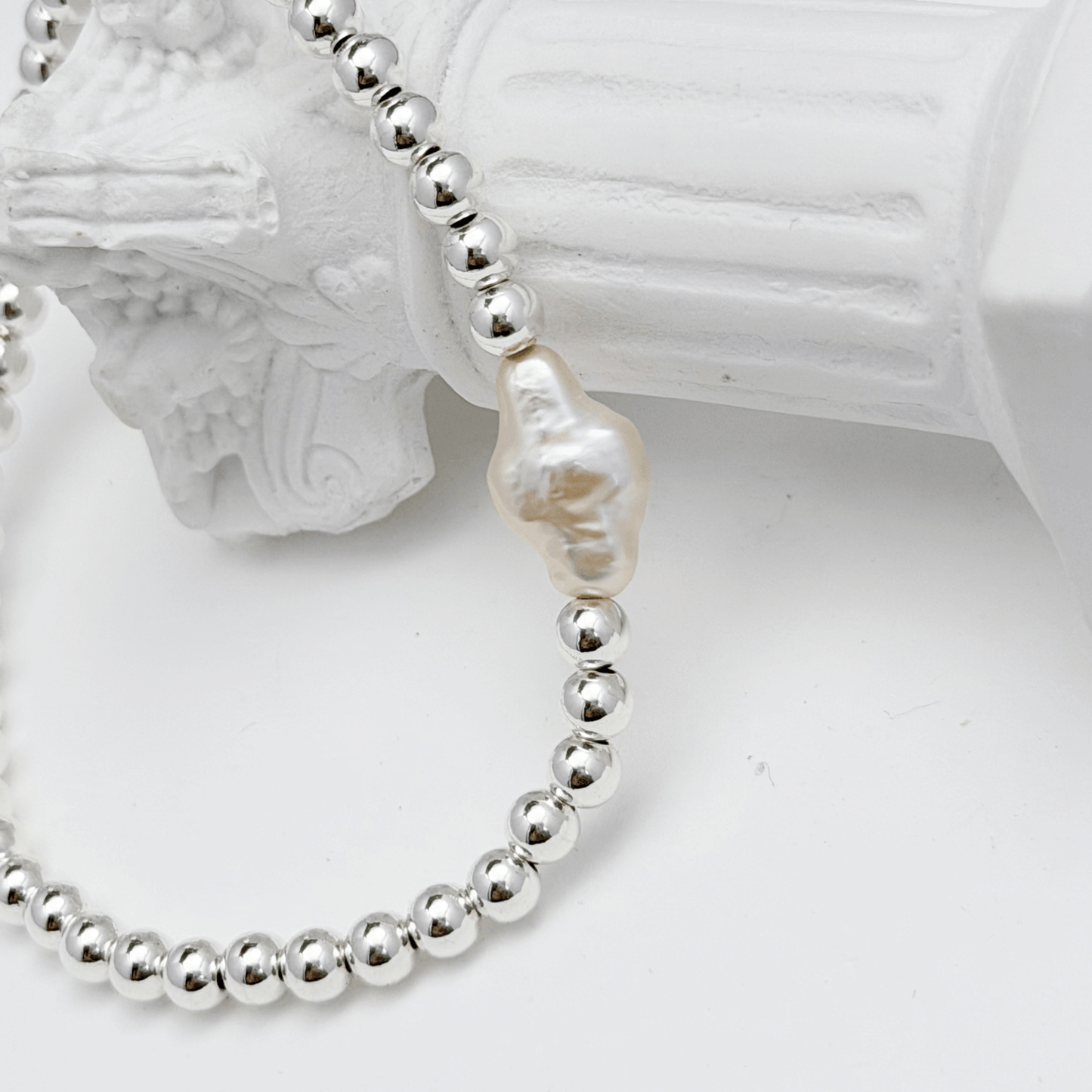 Cross pearl sterling silver bead bracelet with natural baroque pearl – handmade in AU – MXW Jewellery