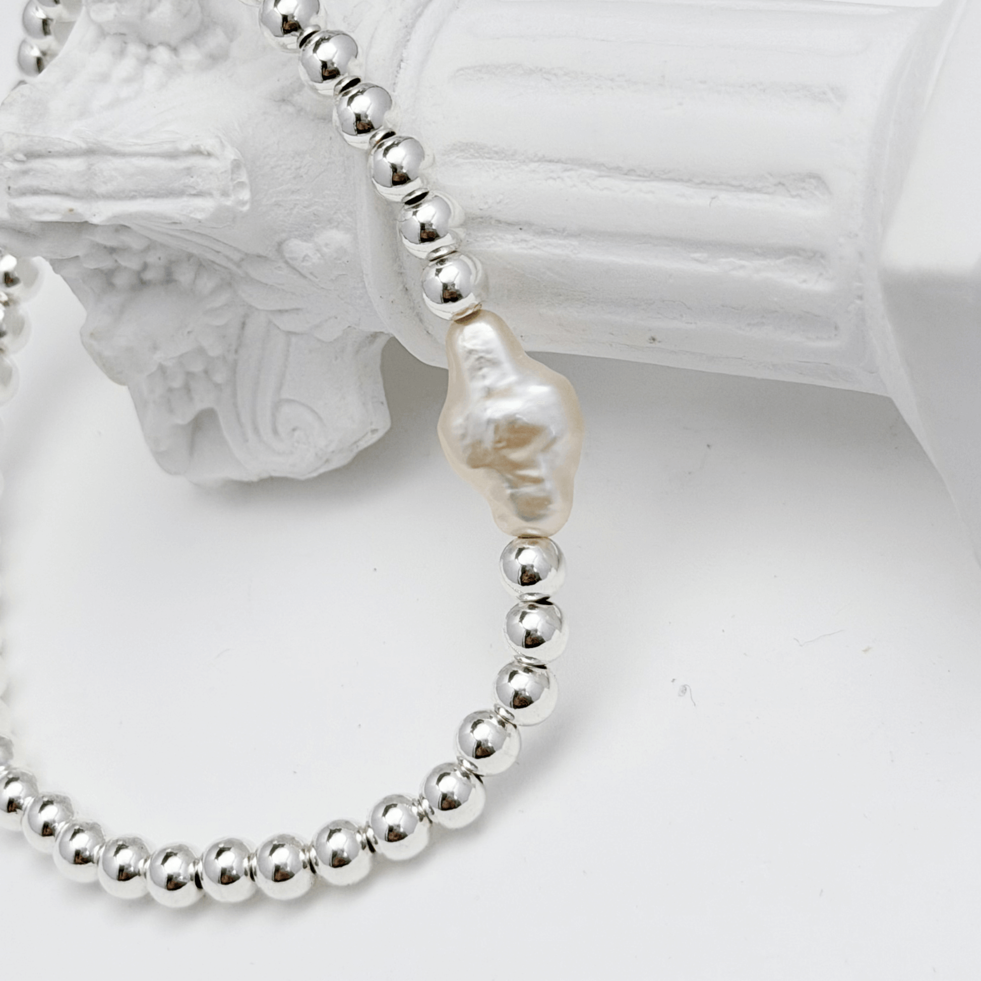 Cross pearl sterling silver bead bracelet with natural baroque pearl – handmade in AU – MXW Jewellery