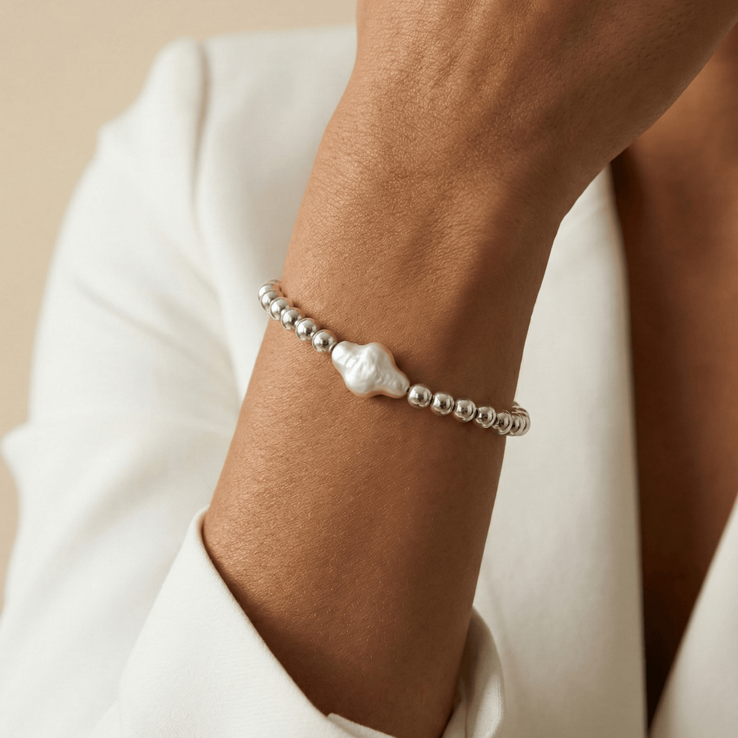 Cross pearl sterling silver bead bracelet with natural baroque pearl – handmade in AU – MXW Jewellery