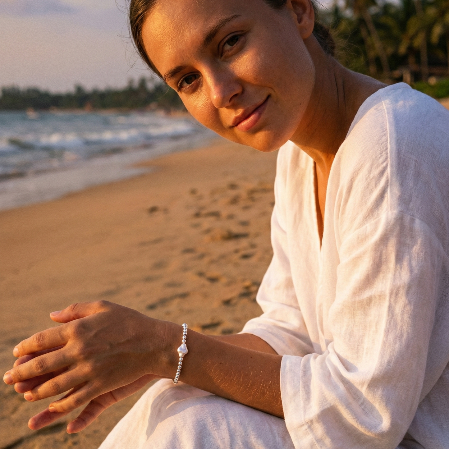 Cross pearl sterling silver bead bracelet with natural baroque pearl – handmade in AU – MXW Jewellery