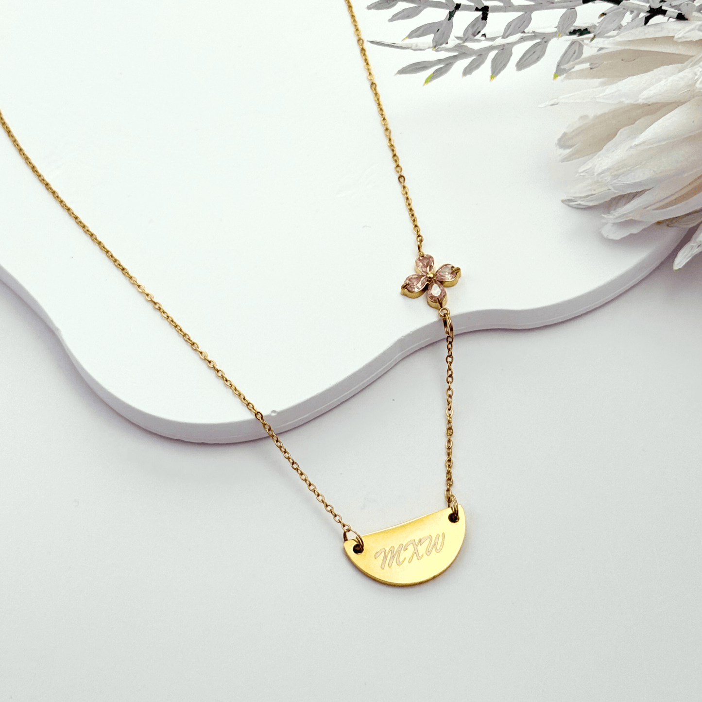 Custom engravable half moon necklace on 18K gold plated, gold filled, or sterling silver chain