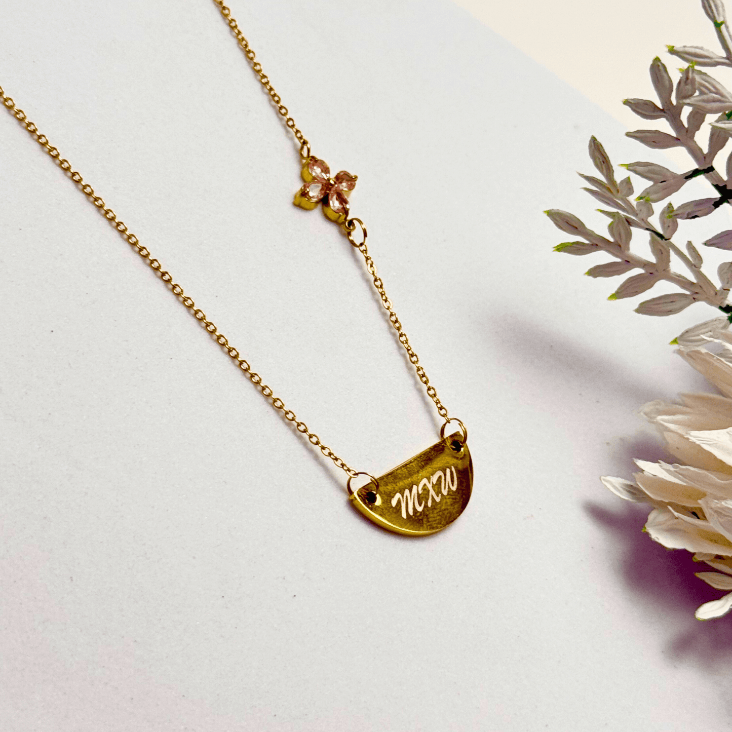 Custom engravable half moon necklace on 18K gold plated, gold filled, or sterling silver chain