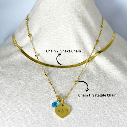 Custom engravable heart necklace with Swarovski birthstone, personalised jewellery, gold snake chain layering option.