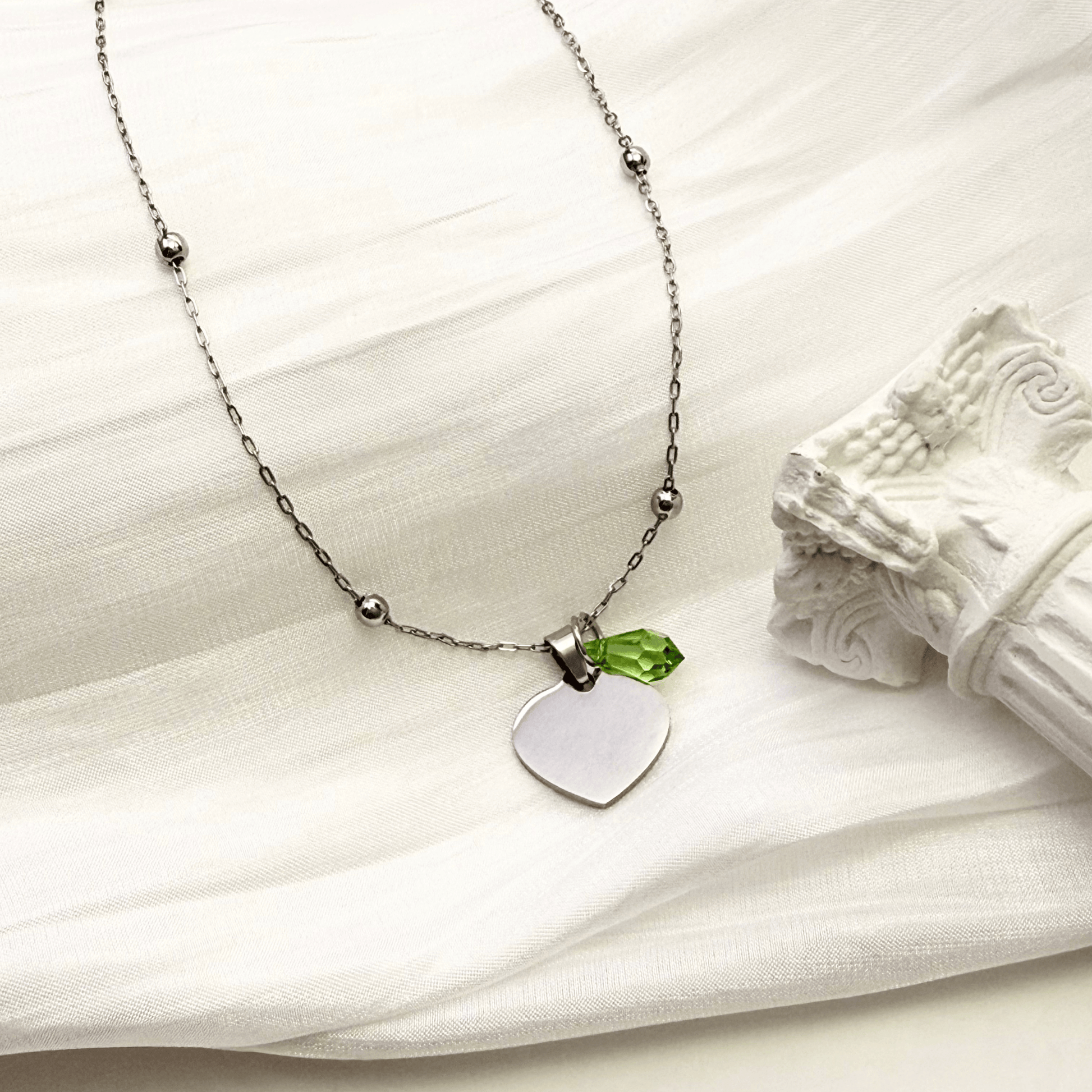 Custom engravable heart necklace with Swarovski birthstone, personalised jewellery, silver snake chain layering option.
